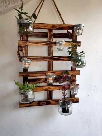 Wooden Hanging Plant Panel with Multiple Glass Flower Pot Holder