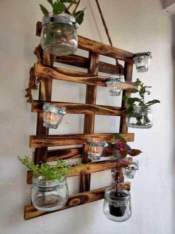 Wooden Hanging Plant Panel with Multiple Glass Flower Pot Holder