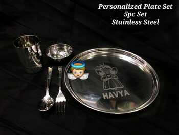 Personalised  Stainless  Steel 5 pc round  Plate  with Glass and Fork  and Spoon , Small Bowl