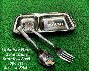 Personalised  Stainless  Steel  Vada Pav Plate with Fork and Spoon