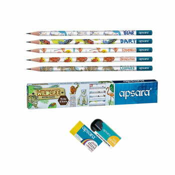 APSARA WILDLIFE PENCILS WITH FREE SHARPNER AND ERASER(PACK OF 100 PENCILS )