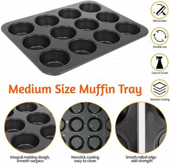 Non-Stick Carbon Steel 12-Cup Muffin Pan for Oven Baking -Black