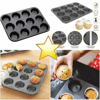 Non-Stick Carbon Steel 12-Cup Muffin Pan for Oven Baking -Black